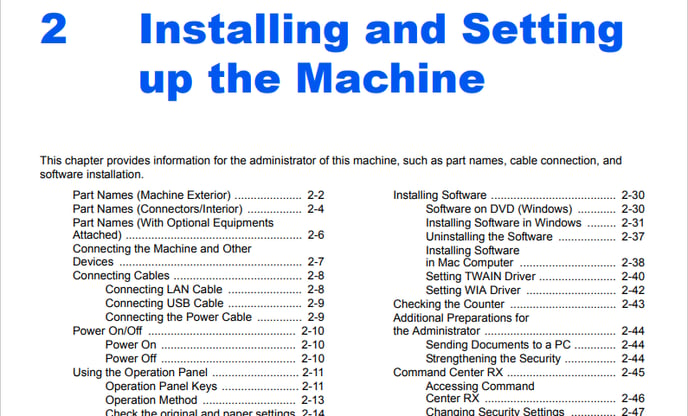 Installing and setting up the machine - Table of Contents